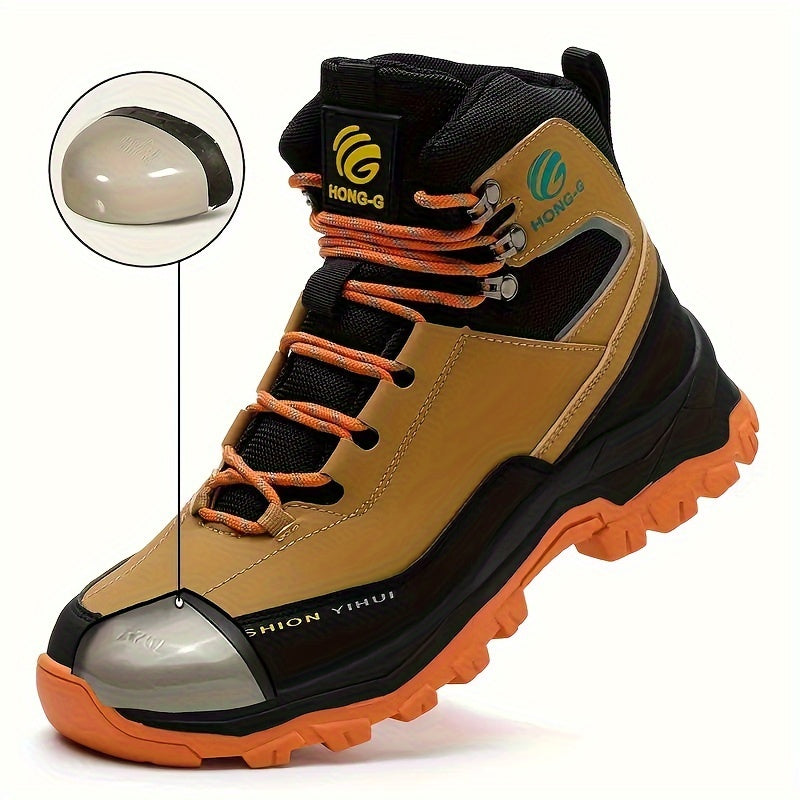 Men's High Top Color Block Steel Toe & Puncture Proof Work Boots, Comfy Non Slip Durable Rubber Sole Lace Up Shoes, Men's Footwear