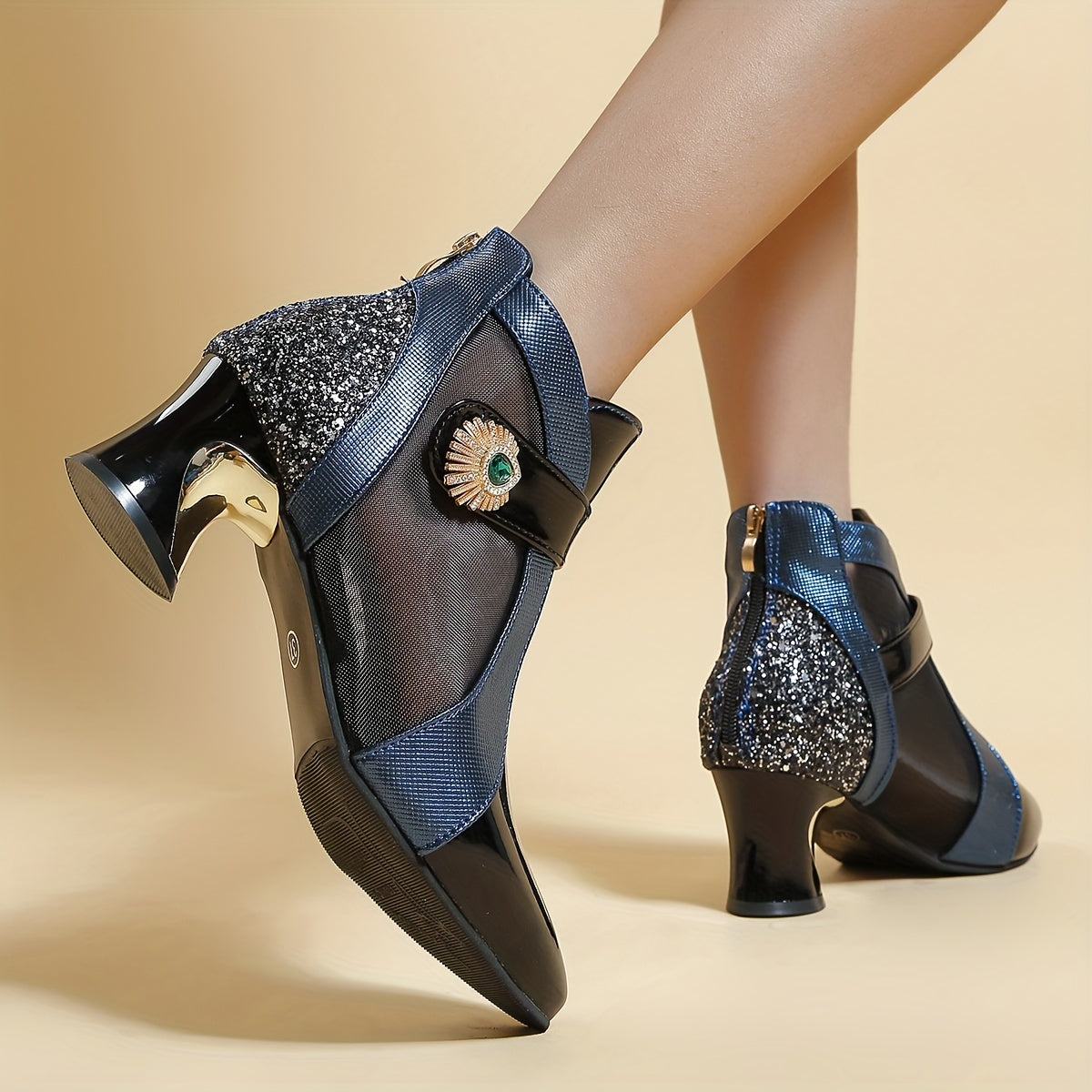 Women's Rhinestone Mesh Ankle Boots with Pointed Toe, Fashionable Short Boots