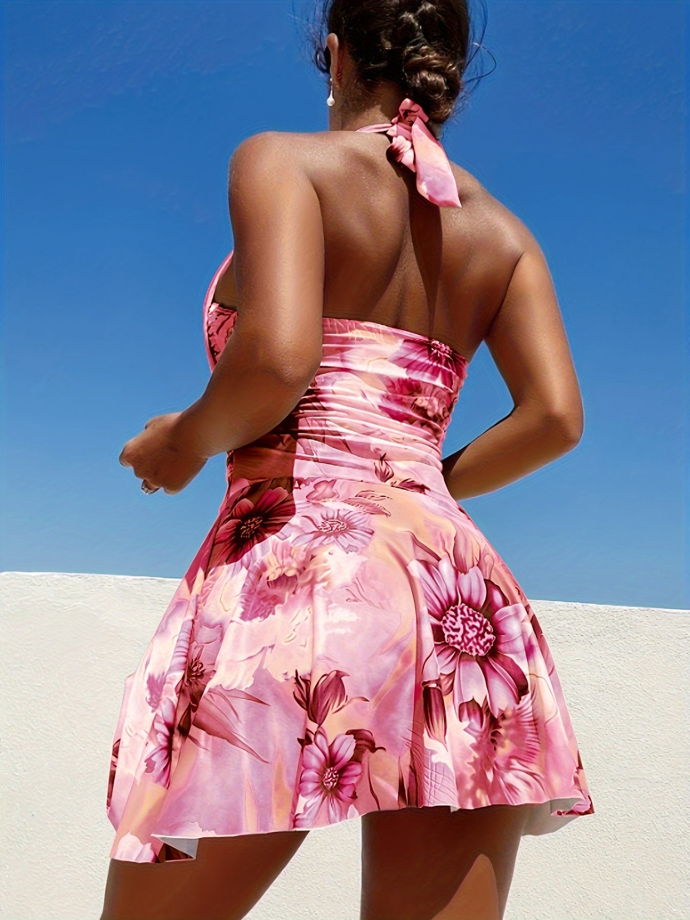 Flattering Ruched Vintage Floral Swimsuit - Chic Halter Tie Neck, Stretchy One-piece Swim Dress - Womens Bathing Suit with Adjustable Detailing