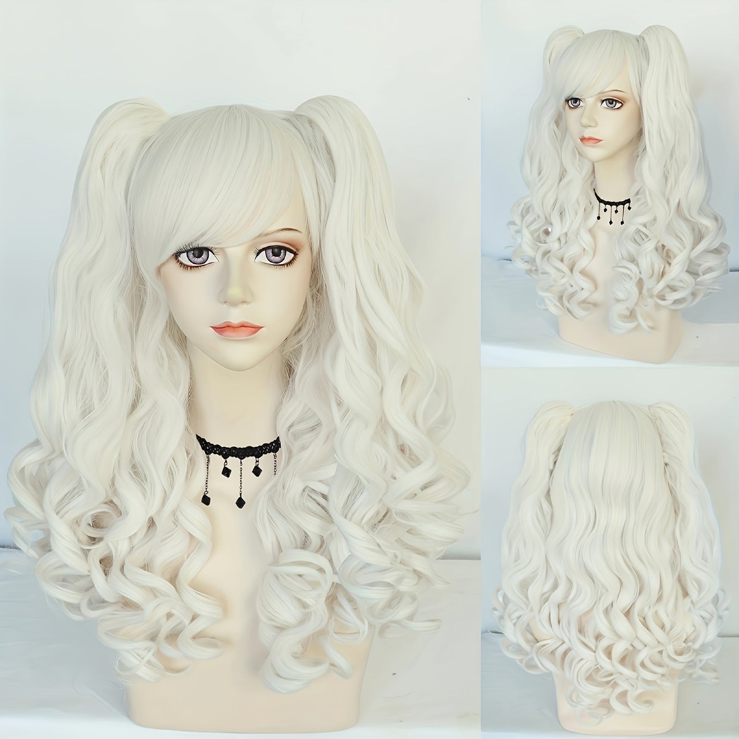 Ponytail Wig Synthetic Long Black And White Color Blocking White Blue Red Colored Curly Cosplay Wig With Double Ponytails For Black Friday Halloween Christmas Thanksgiving Day For Music Festival