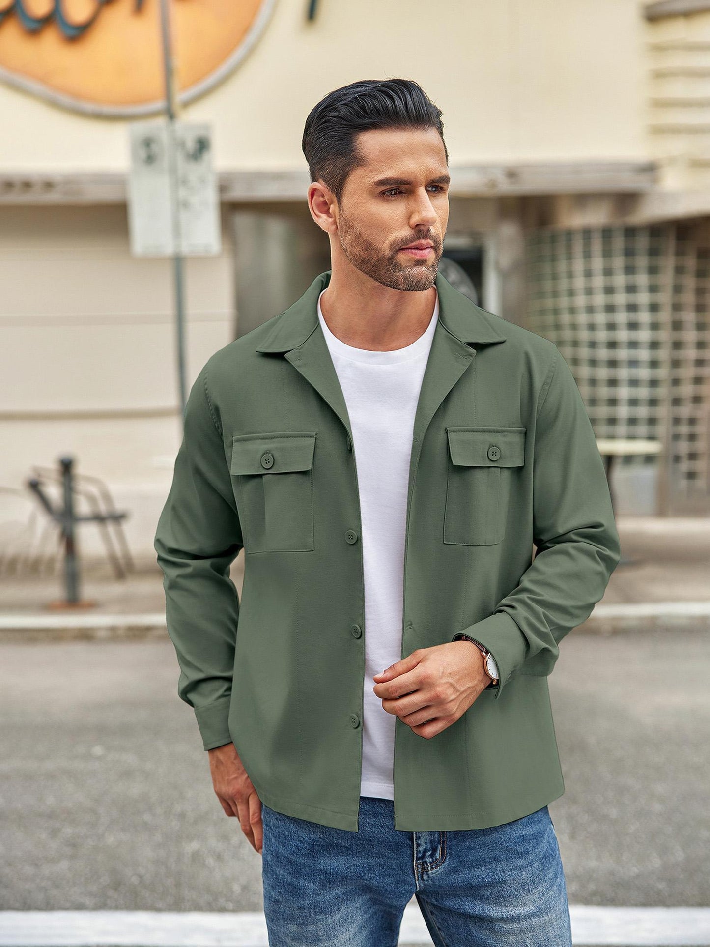 Men's Casual Shirt Jacket Linen Shacket Lightweight Work Coat Button Down Overshirt