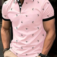Men's Casual Shirt with Striped Collar & Golf Silhouette Pattern - Vibrant Blue, Breathable Fabric, Machine Washable, Regular Fit for Golf & Leisure Wear, Golf Shirt, Active Lifestyle Apparel, Colorful Casualwear, Durable Cas