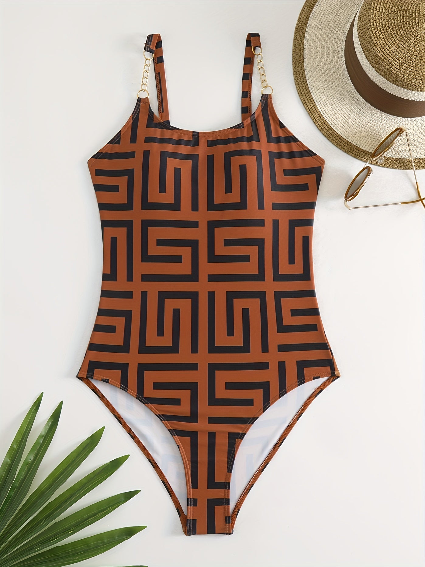 Chic Geometric One Piece Swimsuit with Gole Chain Accent - Adjustable Straps, Stretchy Fit for Comfort - Womens Stylish Bathing Suit Collection