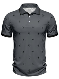 Men's Casual Shirt with Striped Collar & Golf Silhouette Pattern - Vibrant Blue, Breathable Fabric, Machine Washable, Regular Fit for Golf & Leisure Wear, Golf Shirt, Active Lifestyle Apparel, Colorful Casualwear, Durable Cas