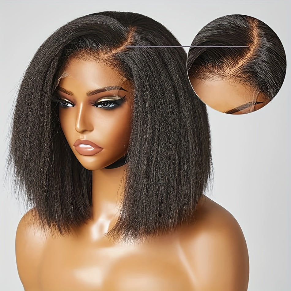 Kinky Straight Short Bob Wig 10-16 - HD Transparent 13x4 Lace Frontal, Glueless Swiss Lace - Pre-Plucked, High Density Natural Hair for Women