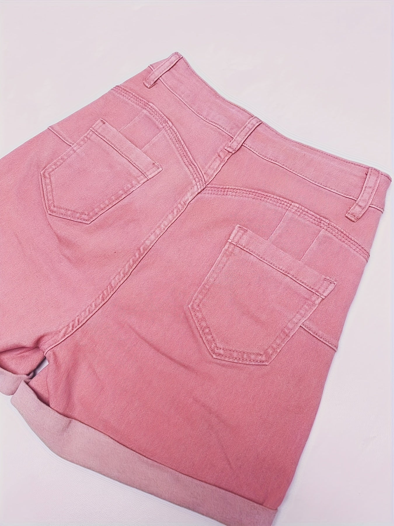 Stretchy High-Rise Denim Shorts for Women - Casual Geometric-Pattern with Roll-Up Hem, Easy Care & Summer-Ready