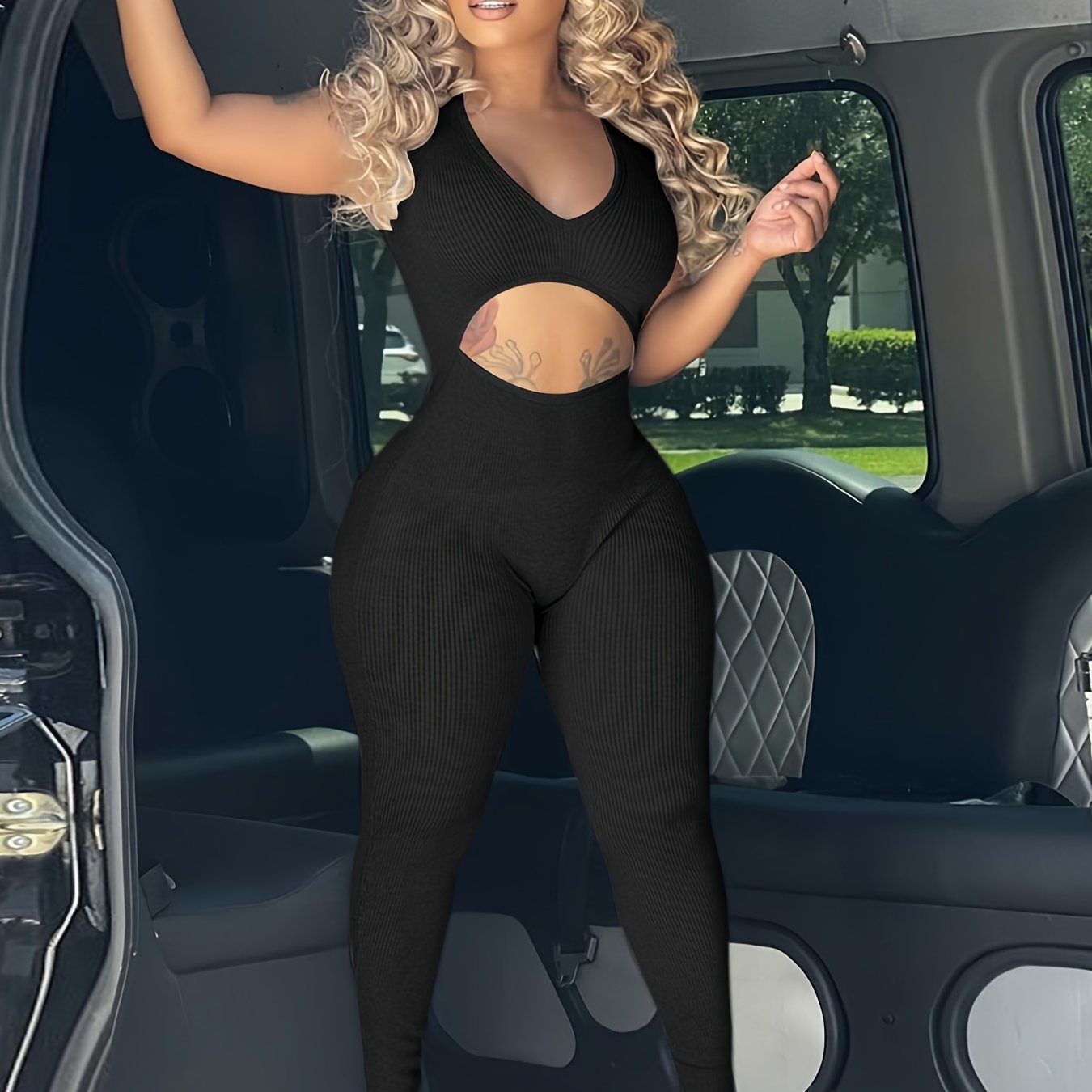 Cut Out Sleeveless Jumpsuit, Sexy Solid Bodycon Jumpsuit, Women's Clothing