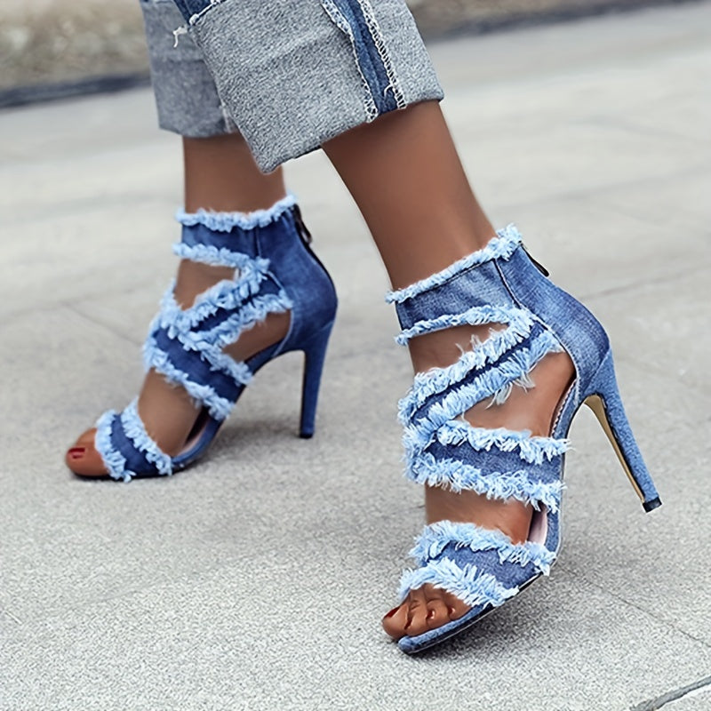 Women's Denim Stiletto Sandals, Cross Strap Peep Toe Cut-out High Heels, Back Zipper Design Sandals