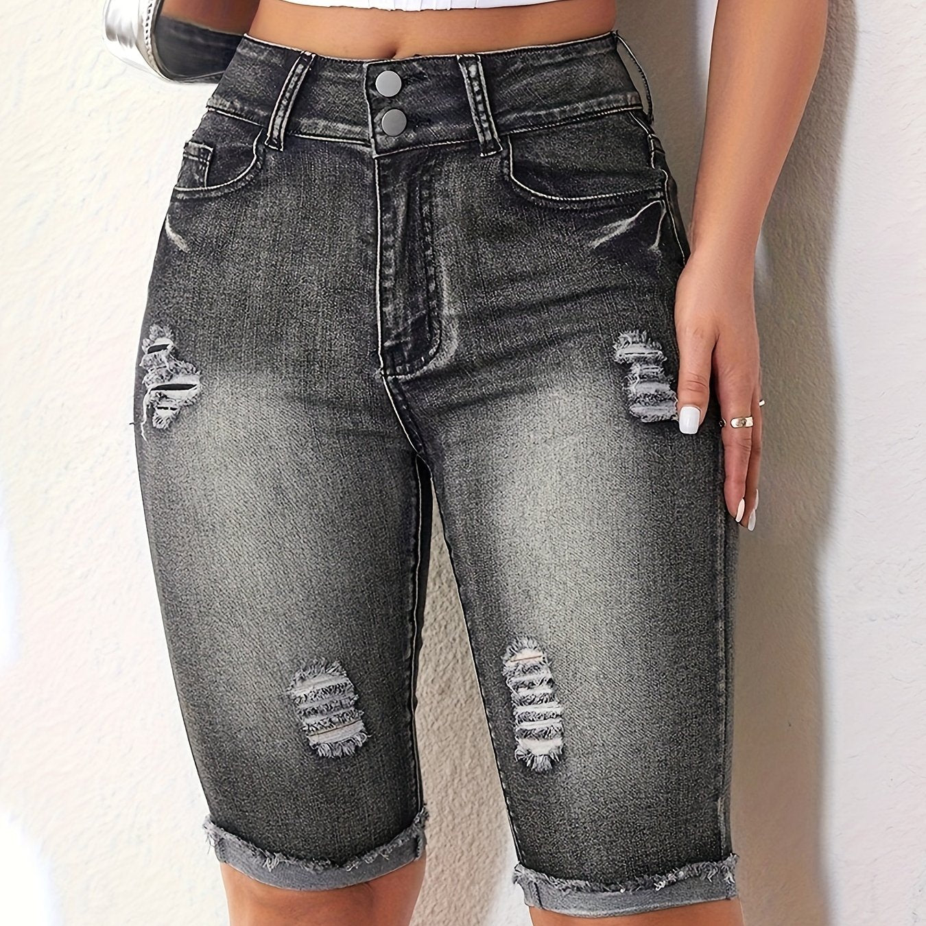 Ripped Roll Up Raw Hem Denim Shorts, Double Button Distressed Bermuda Denim Shorts, Women's Denim Jeans & Clothing