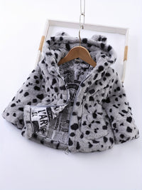 Winter Girl's Fleece Leopard Print Coat, Casual Hooded Jacket For Kids