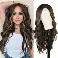 4*1 U-Part Lace Front Long Wigs For Women Middle Part Wavy Curly Wig With Dark Roots Synthetic Heat Resistant Fiber Wig For Daily Party Use (Brown With Blonde)