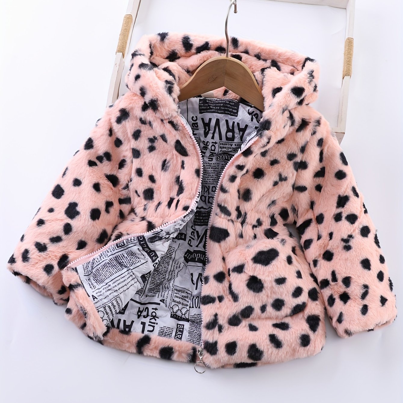 Winter Girl's Fleece Leopard Print Coat, Casual Hooded Jacket For Kids