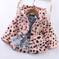 Winter Girl's Fleece Leopard Print Coat, Casual Hooded Jacket For Kids