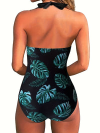 V Neck Halter Tie Neck One Piece Bathing Suit, Backless High Strech Plain Or Printed Swimsuit, Women's Swimwear & Clothing