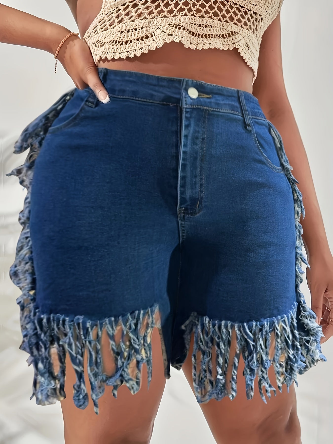 Plus Size Bohemian Chic Stretchy Denim Shorts - Ultra-Stretchy Fabric, Adjustable Elastic Waistband, Trendy Fringe Hem Detail - Designed for Curvy Women, Perfect for Summer Fashion, High-Quality Denim Material