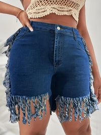 Plus Size Bohemian Chic Stretchy Denim Shorts - Ultra-Stretchy Fabric, Adjustable Elastic Waistband, Trendy Fringe Hem Detail - Designed for Curvy Women, Perfect for Summer Fashion, High-Quality Denim Material