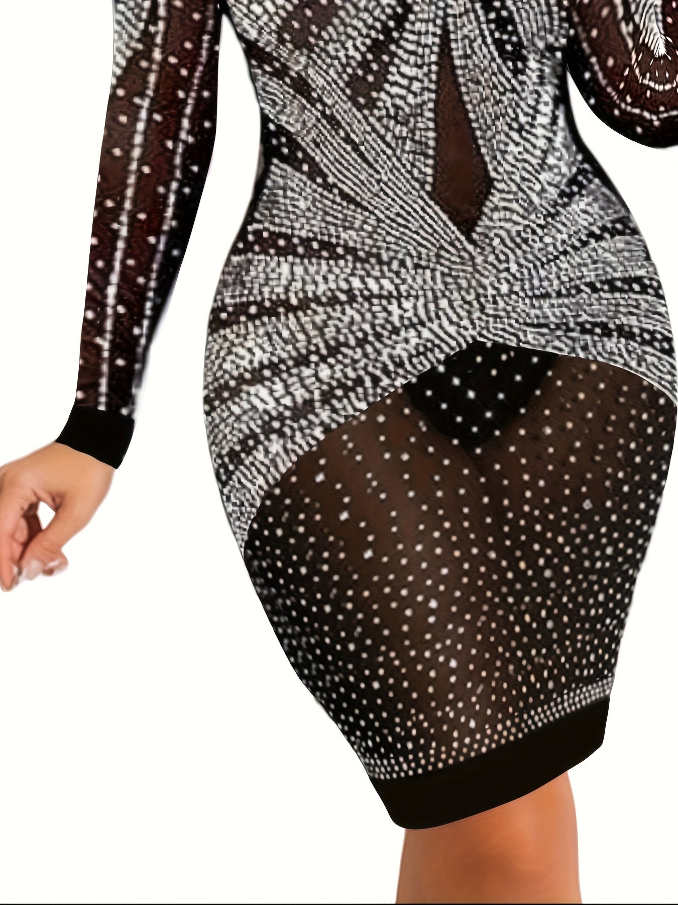 Women's Elegant Party & Formal Dress - Long Sleeve Glamorous Evening Gown with Rhinestone Accentuation, Semi-Sheer Mesh Fabric, Year-Round Event Attire for Galas, Proms, Weddings - Ready-to-Wear Collection, Party Dresses, Gal