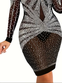 Women's Elegant Party & Formal Dress - Long Sleeve Glamorous Evening Gown with Rhinestone Accentuation, Semi-Sheer Mesh Fabric, Year-Round Event Attire for Galas, Proms, Weddings - Ready-to-Wear Collection, Party Dresses, Gal