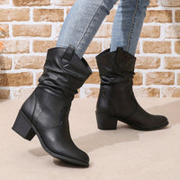 Mid Calf Women's Slouch Boots, Solid Color V-cut Slip On Cowgirl Low Heel Block Stacked Heels