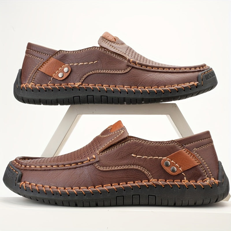 Plus Size Men's Solid Colour Split cowhide Slip On Loafer Shoes, Comfy Non Slip Casual Rubber Sole Dress Shoes, , Middle Aged Men's Footwear