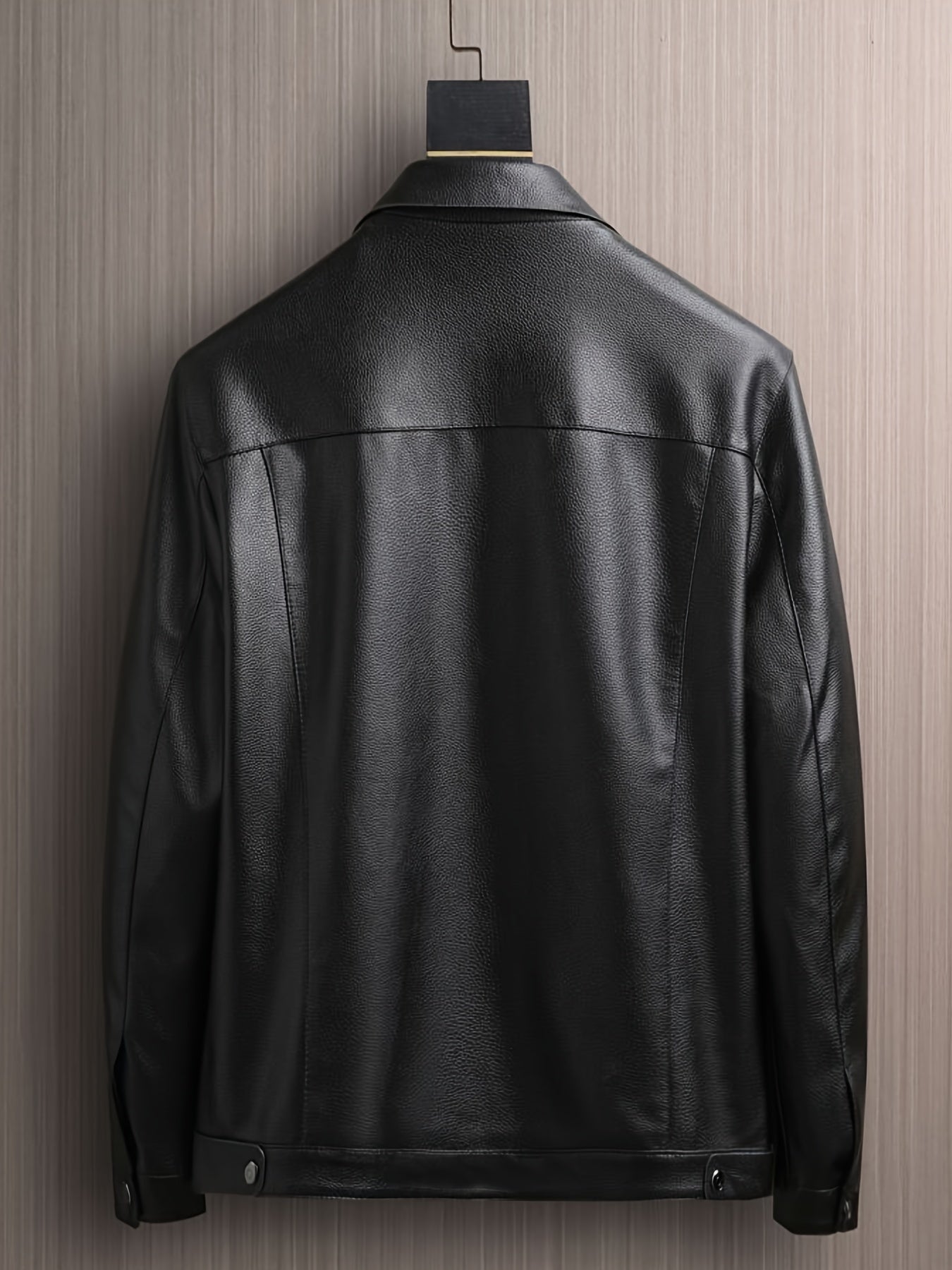 Full Zip Up PU Jacket, Men's Casual Windbreaker Jacket Faux Leather Coat Lapel Coat For Spring Autumn