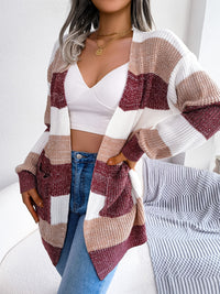 Striped Colorblock V-neck Cardigans, Casual Loose Drop Shoulder Long Sleeve Fall Winter Knit Cardigan, Women's Clothing