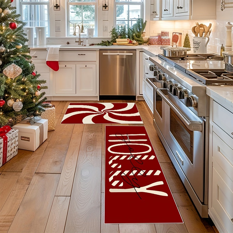 2pcs Christmas Candy Cane Kitchen Mats Set - Anti-Slip, Machine Washable, Festive Holiday Decor for Home & Dining Room (16"x24", 16"x47")