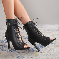 Women's Pointed Toe Lace-up High Heels, Sexy Black Buckle Belt Stiletto Heels Boots, Cross Strap Sandals