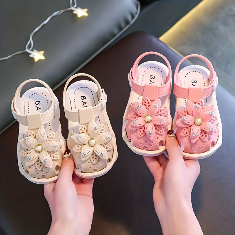Girls Baby Flower Trendy Breathable Closed Toe Sandals, Lightweight Soft Sandals Crib Shoes For Indoor Outdoor Spring
