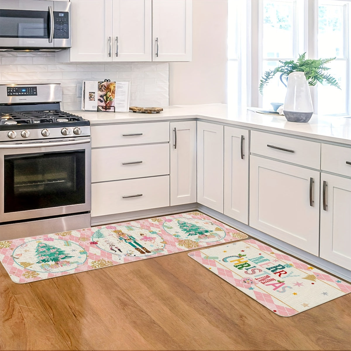 2pcs Diamond Plaid Nutcracker Merry Christmas Kitchen Mats Footprints, Winter Decor Low-Profile Kitchen Rugs For Floor - 17x29 And 17x47 Inch