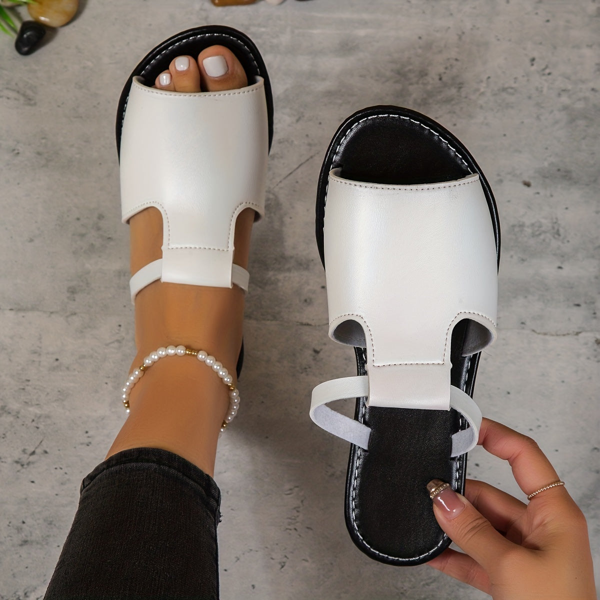 Stylish Womens Flat Slide Sandals - Soft Faux Leather, Slip-On Design, Lightweight, Breathable, Rubber Sole, Open Toe, Mary-Jane Strap - Perfect for Outdoor Activities and Casual Occasions