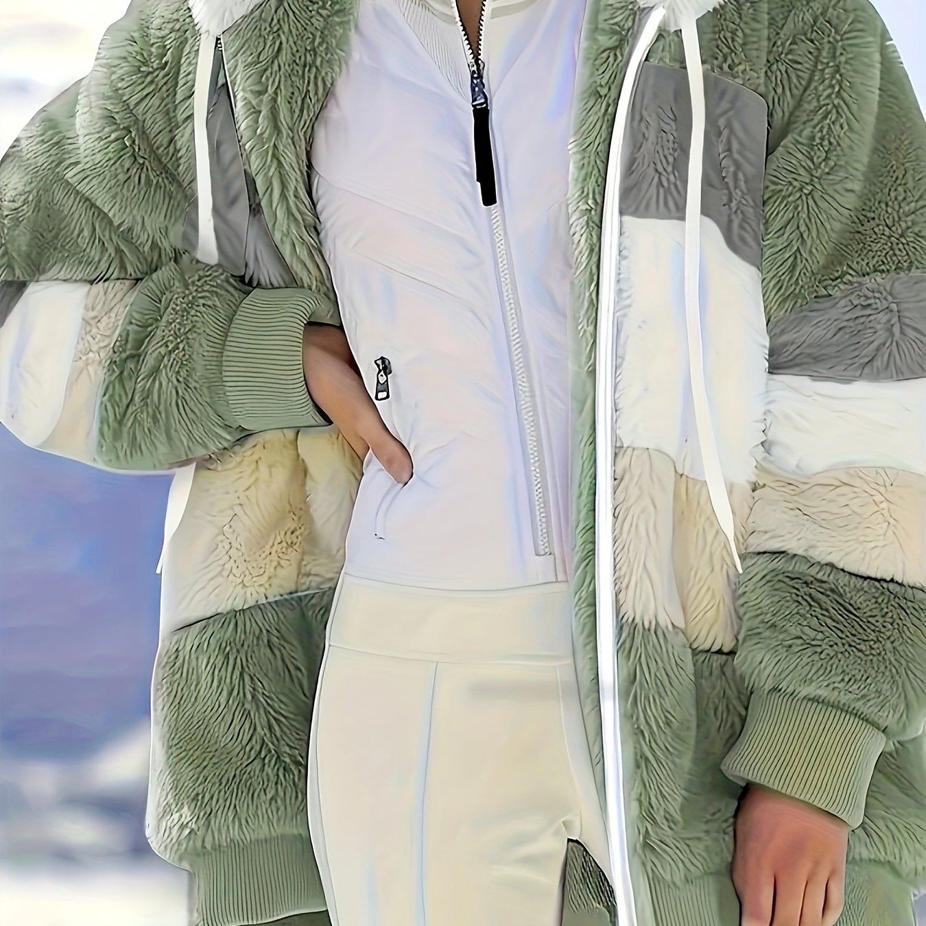 Ultra-Soft Color Block Fuzzy Hooded Coat - Stylish Winter Warm Outerwear with Full-Length Sleeves - Perfect for Casual Wear - Womens Clothing