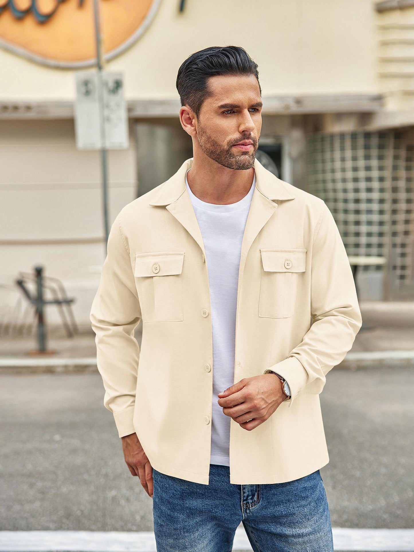 Men's Casual Shirt Jacket Linen Shacket Lightweight Work Coat Button Down Overshirt