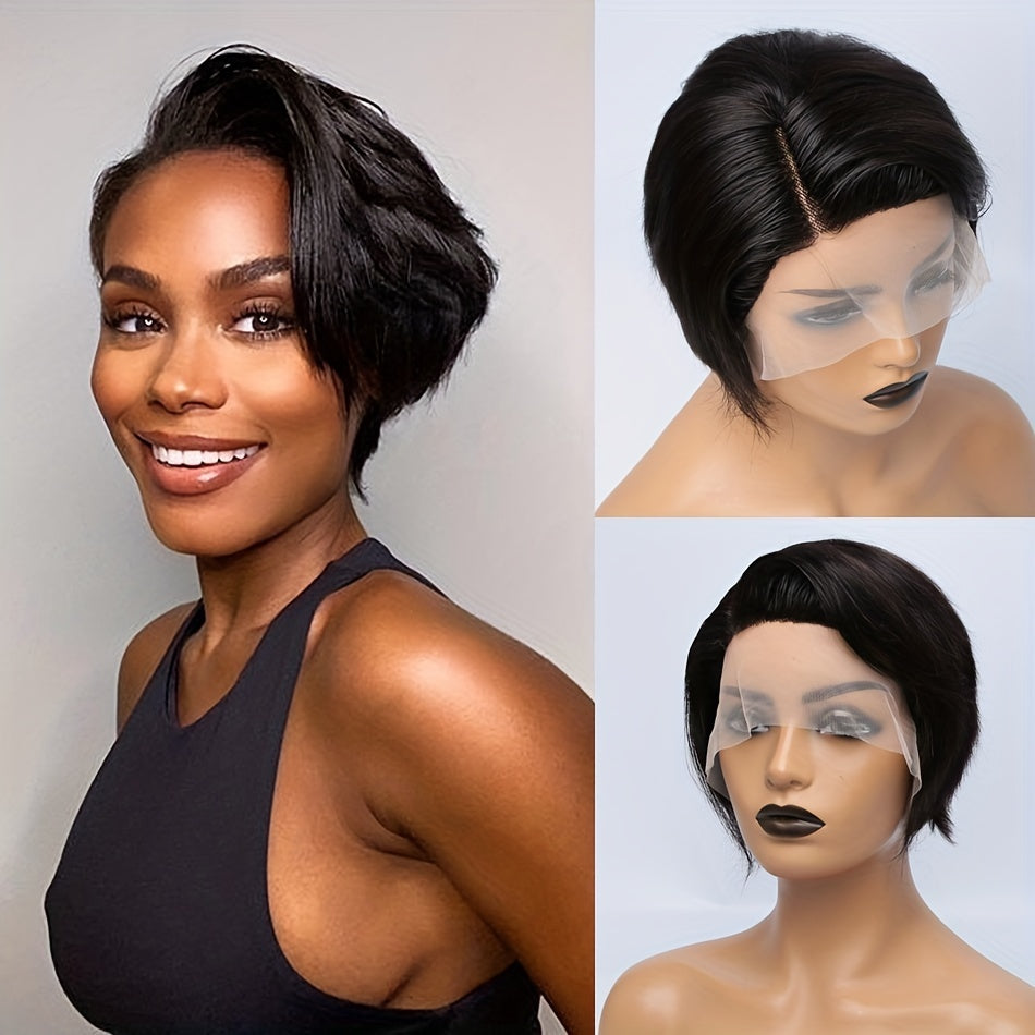 8 Chic Pixie Cut Human Hair Wig - Seamless 13x1 Transparent Lace Front - Natural Straight Bob - Easy-Part, Breathable - Perfect for Women Seeking A Stylish, Effortless Look