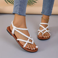 Flat Heel Womens Braided Thong Sandals - Comfortable Elastic Ankle Strap, Lightweight Faux Leather Upper, Rubber Sole, Pull-On Closure, Open Toe, Solid Color, Perfect for Summer Beach and Casual Occasions