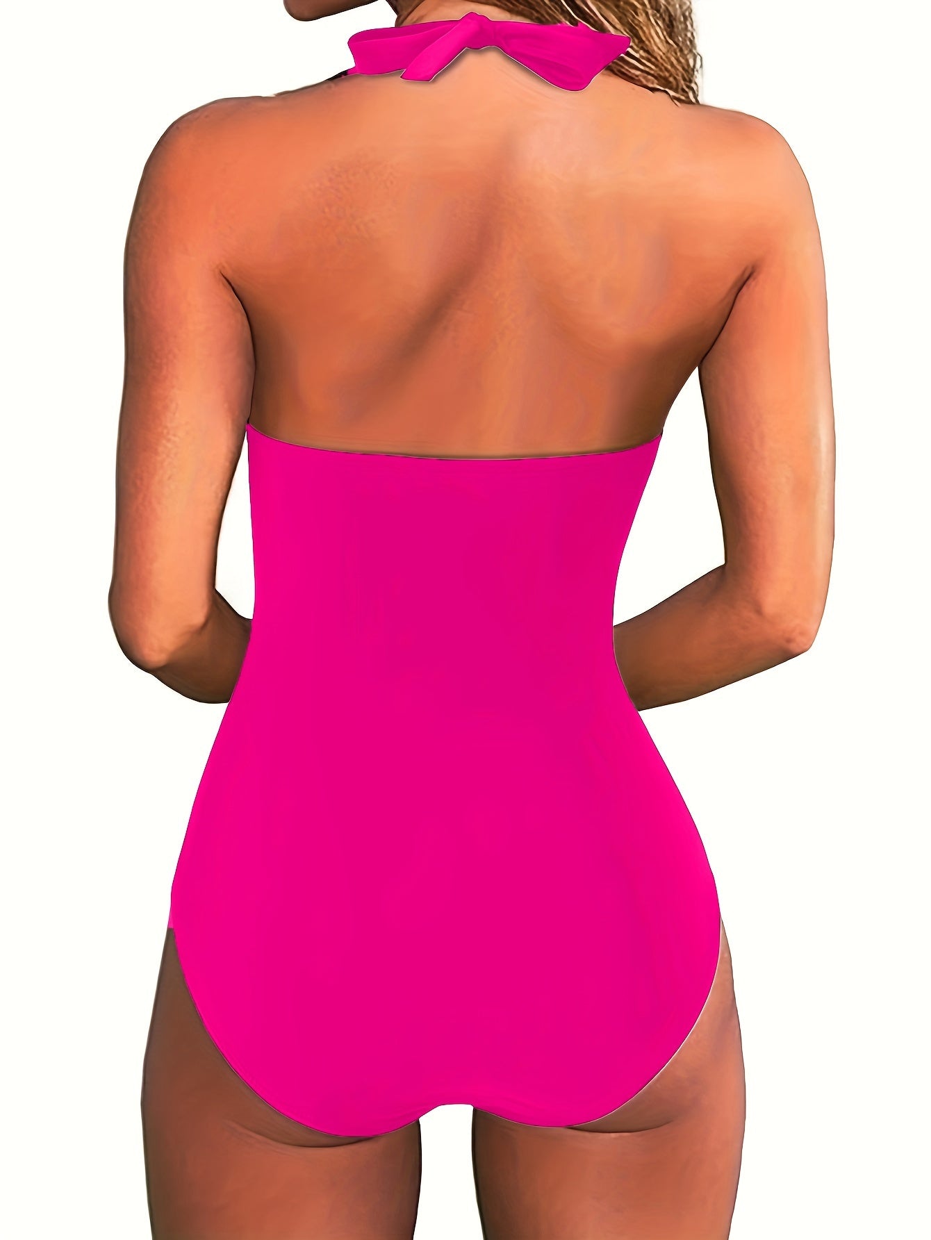 V Neck Halter Tie Neck One Piece Bathing Suit, Backless High Strech Plain Or Printed Swimsuit, Women's Swimwear & Clothing
