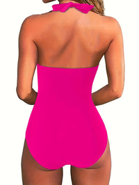 V Neck Halter Tie Neck One Piece Bathing Suit, Backless High Strech Plain Or Printed Swimsuit, Women's Swimwear & Clothing