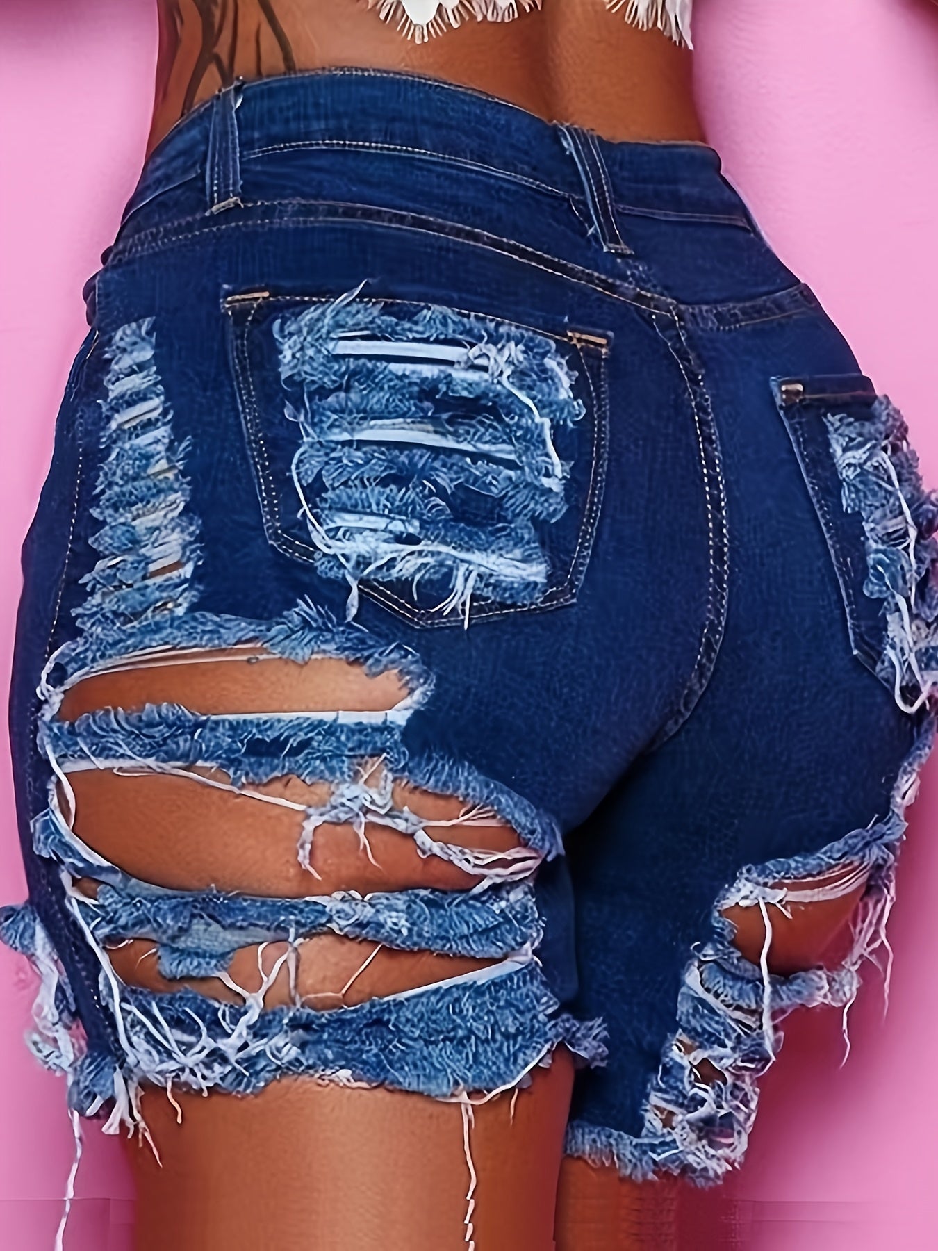 Women's high elastic ripped denim shorts
