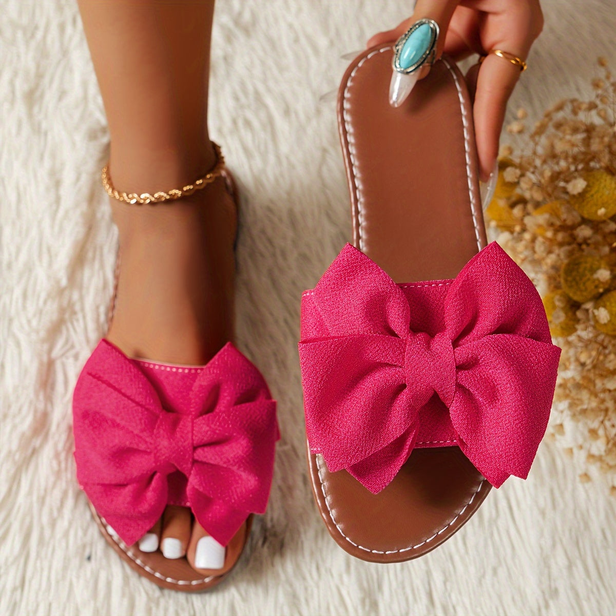 Ladies' Bowknot Flat Sandals, Solid Color Open-Toe Non-Slip Shoes, Casual Outdoor Beach Sandals.