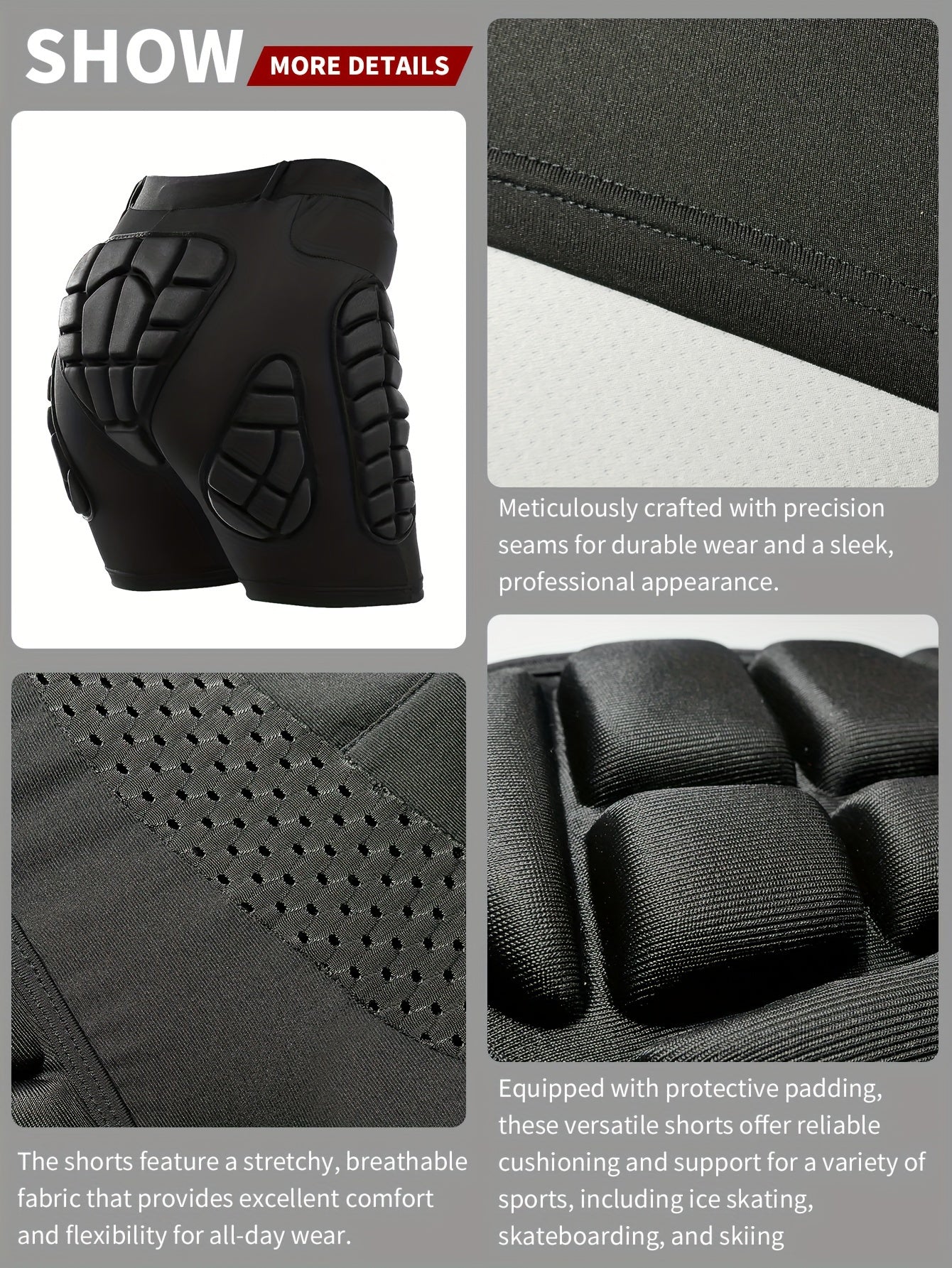 Four Seasons High Stretch Polyester Knit Fabric 3D Padded Shorts for Ice Hockey, Snowboarding, Gymnastics, Roller Skating - Moisture Wicking, Flexible, Regular Fit