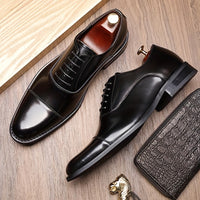 [Trendy Cow Leather Oxford Shoes] Men's Trendy Split Cow Leather Upper Cap Toe Oxford Shoes, Comfy Non Slip Casual Rubber Sole Formal Shoes, Men's Footwear