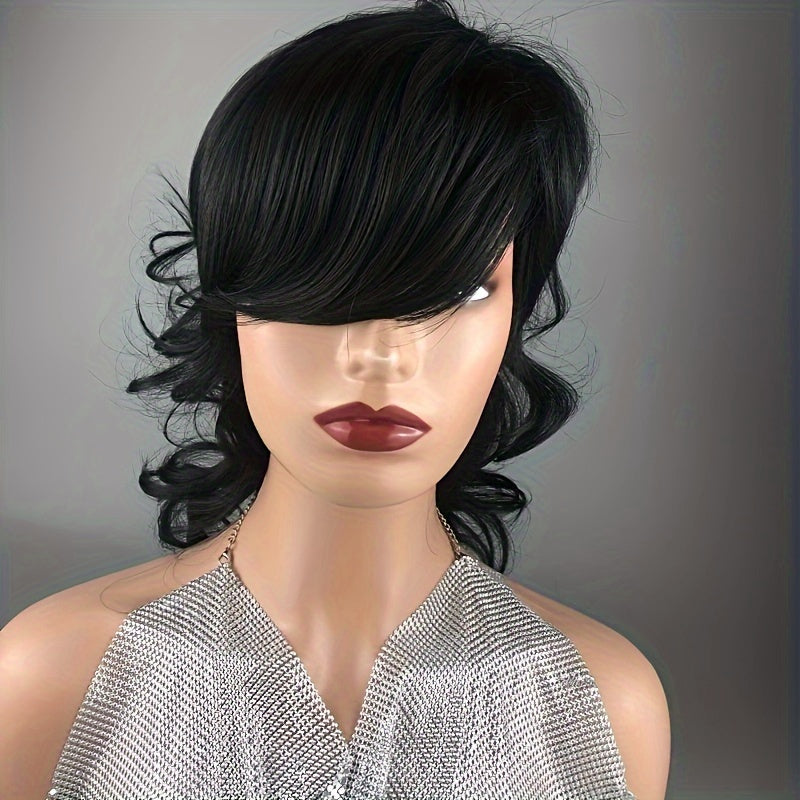 [Heat Resistant Mullet Wig] 180% Density Heat Resistant Synthetic Hair Wig - Chic Pixie Cut Mullet for Women - Long Wavy Style with Bangs, Beginner-Friendly, Voluminous Body Wave Texture