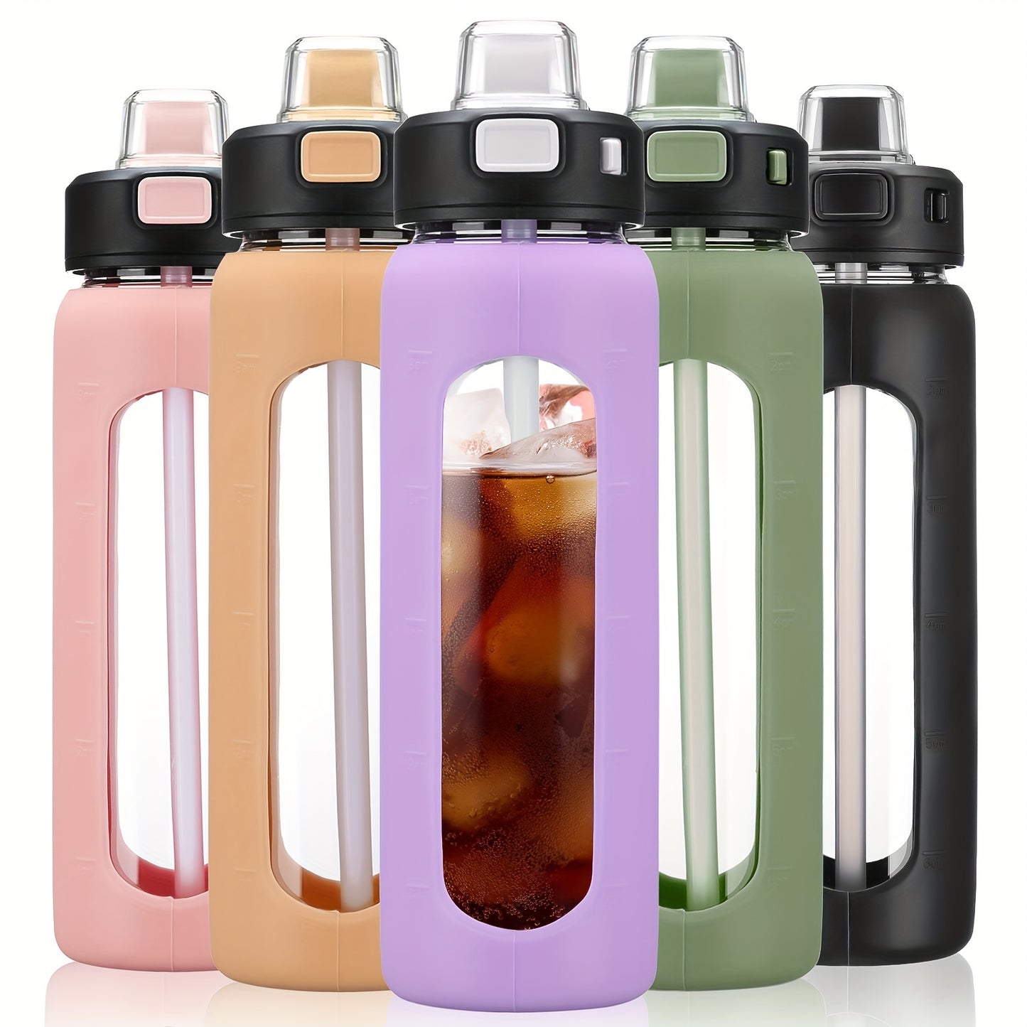MUKOKO 24oz Glass Water Bottle With Straw, Motivational Water Bottles With Time Marker And Silicone Sleeve, Glass Bottle With Locking Lid And Carry Loop