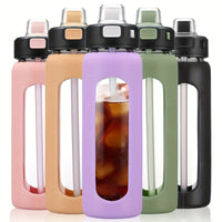 MUKOKO 24oz Glass Water Bottle With Straw, Motivational Water Bottles With Time Marker And Silicone Sleeve, Glass Bottle With Locking Lid And Carry Loop