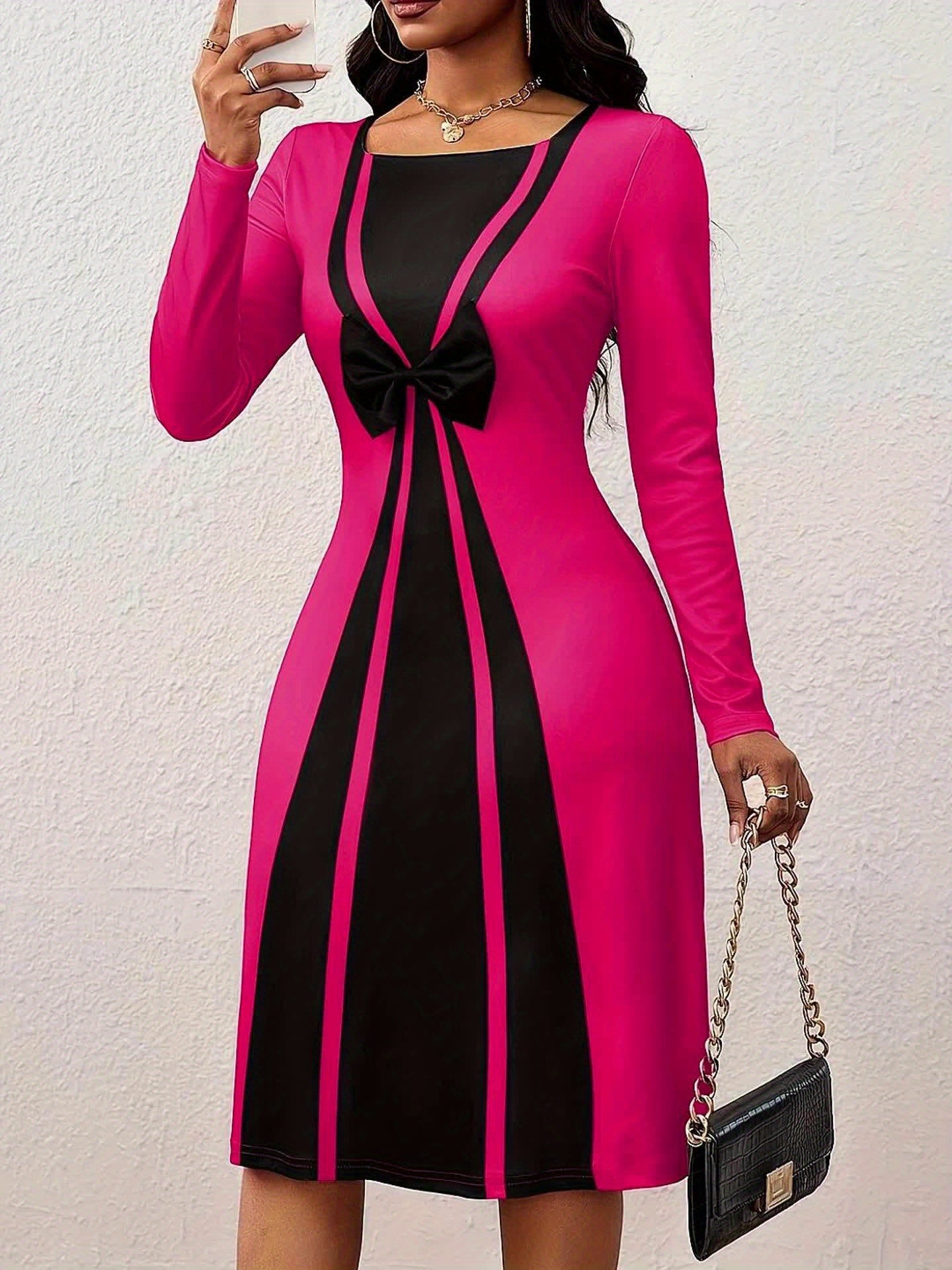 Women's Elegant Pink & Black Colorblock Bow Accent Dress - Round Neck Short Sleeve A-Line Silhouette, Machine Washable Fall Party Wedding Guest Dress with Structured Waist, Versatile Casual to Semi-Formal Outfit, Autumn New F