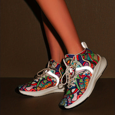 Hand-Painted Cartoon Print Women's Reflective Lace-Up High-Top Sneakers - Lightweight Winter-Ready Casual Shoes with Soft Fabric Upper & EVA/Rubber Sole for North American & Mexican Fashion