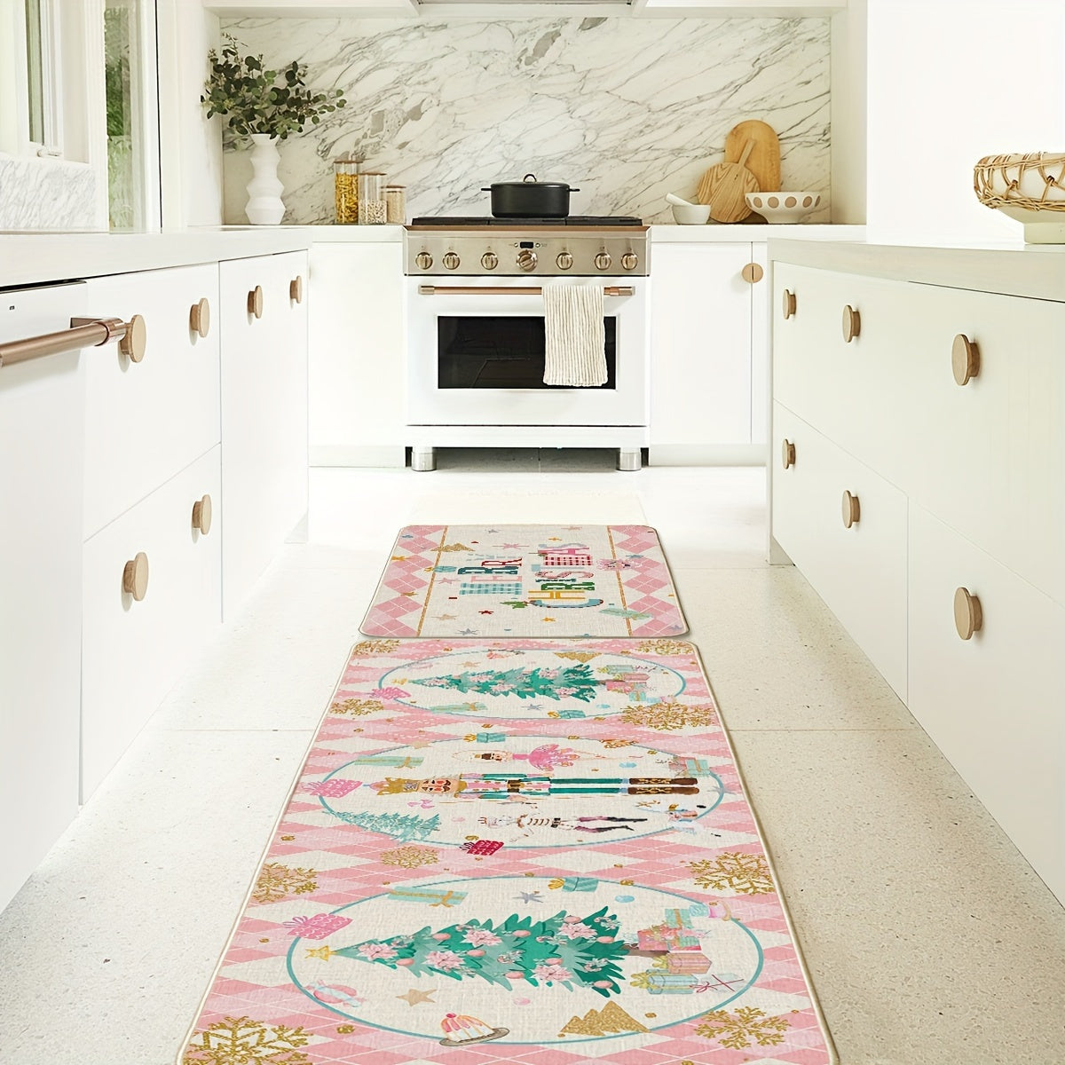 2pcs Diamond Plaid Nutcracker Merry Christmas Kitchen Mats Footprints, Winter Decor Low-Profile Kitchen Rugs For Floor - 17x29 And 17x47 Inch