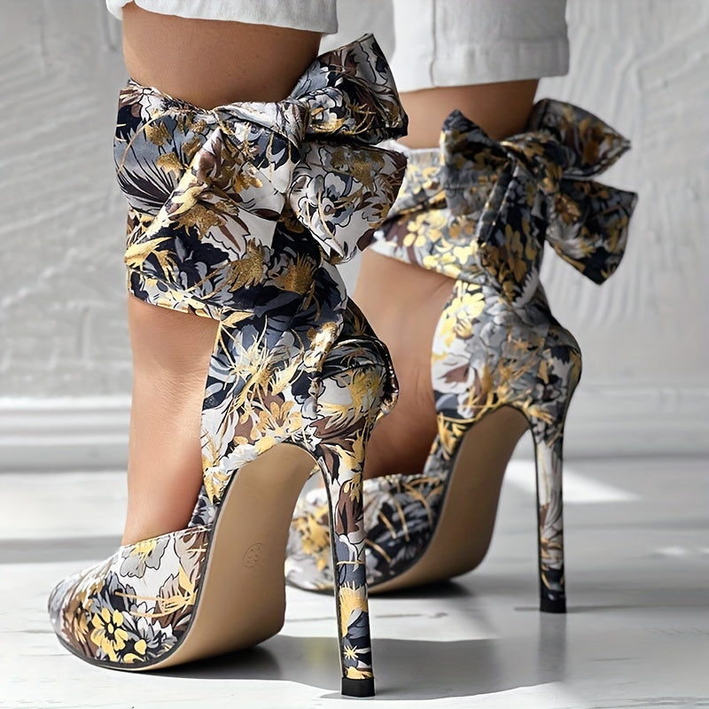 Women's Strappy Floral Print Satin Stiletto High Heels - Pointed Toe Lace Up D'Orsay Pumps with Ultrahigh Heel, Fabric Upper & Man Made Sole | Party & Dress Shoes | Fashion Stiletto Sandals