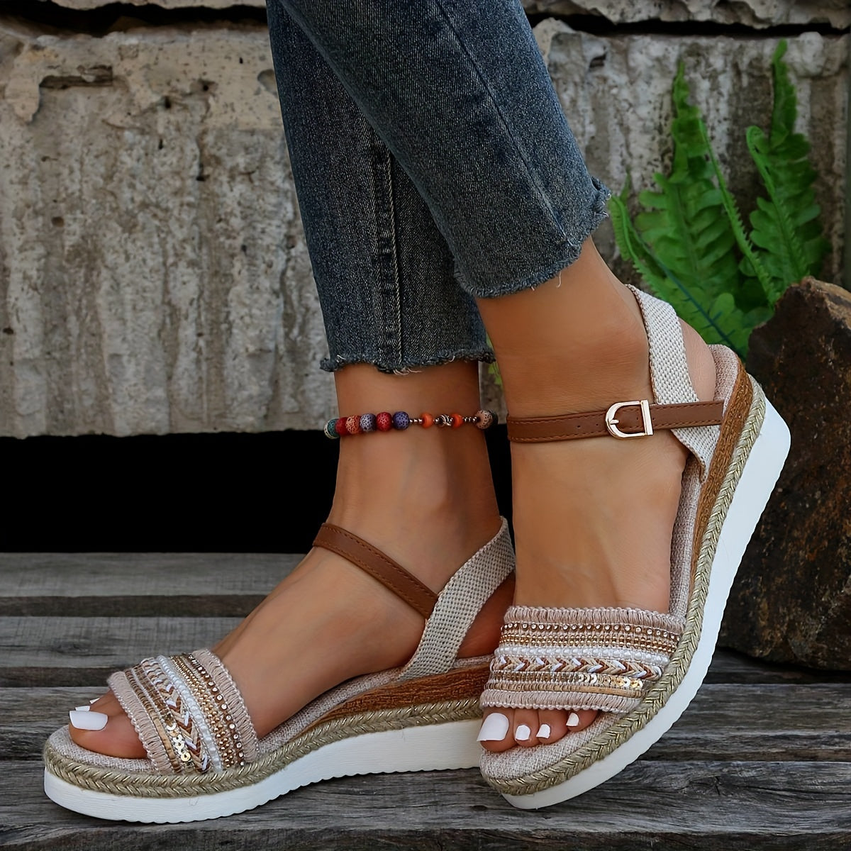 Chic Braided Wedge Sandals - Open Toe Ankle Buckle Adjustables - Elastic Slingback Comfort - Boho Summer Style