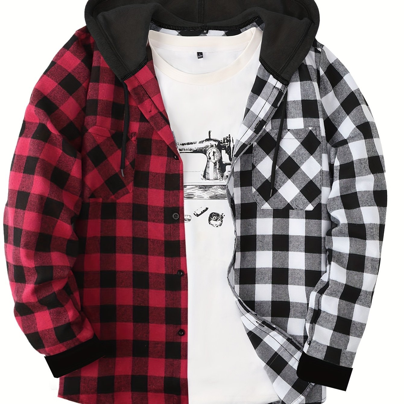 Long Sleeve Casual Regular Fit Button Up Hooded Shirts Jacket, Plaid Shirt Coat For Men